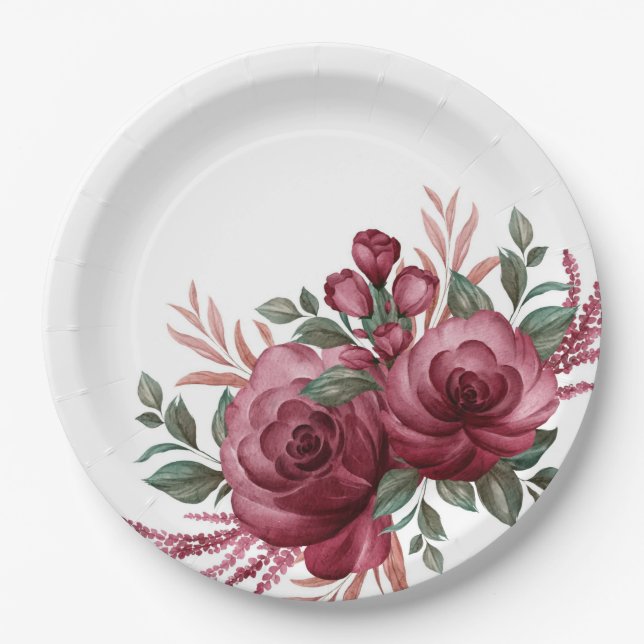 Pretty Burgundy Watercolor Flowers  Paper Plate (Front)