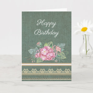Pretty Burlap Lace and Pink Flower Birthday Card