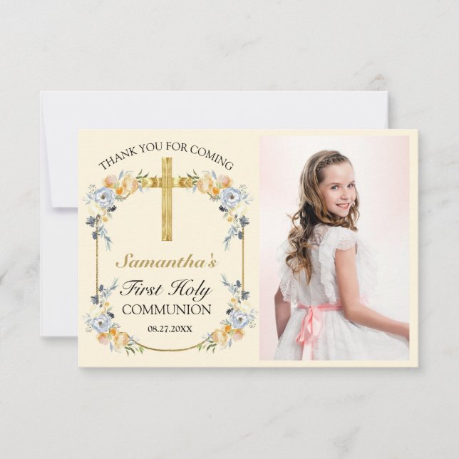 Pretty Buttercream Floral 1st Holy Communion  Thank You Card (Front)