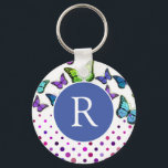 Pretty Butterflies and Dots Monogram Keychain<br><div class="desc">Monogrammed keychain with pretty butterflies and dots design in blues,  green and purple.</div>