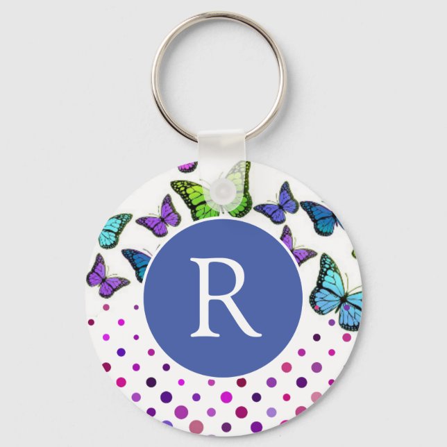 Pretty Butterflies and Dots Monogram Keychain (Front)