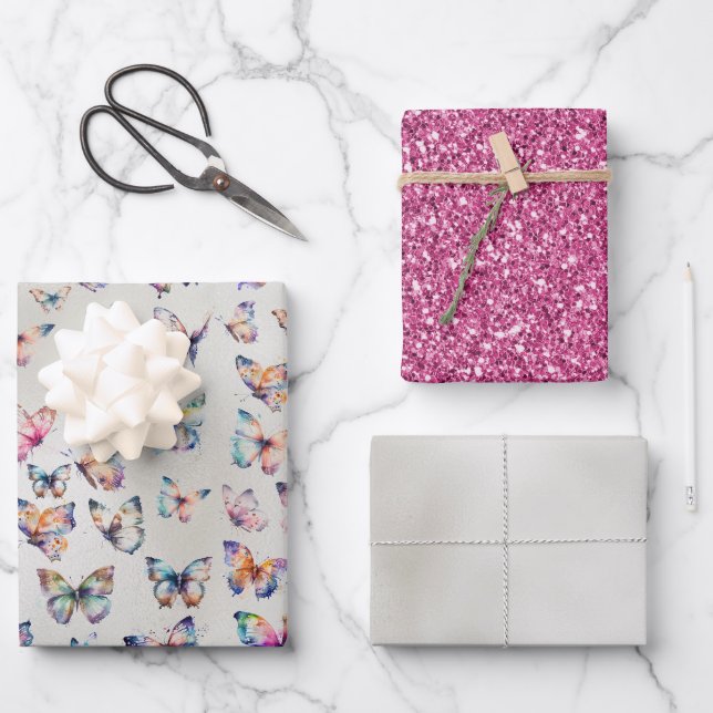 Pretty Butterflies Glitter Wrapping Paper Sheet (Front)