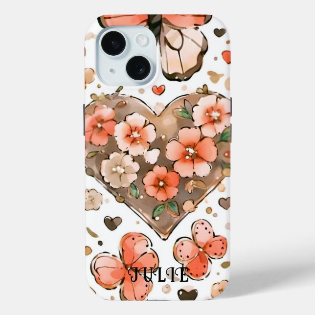 Pretty Butterflies, Hearts and Flowers Custom Name Case-Mate iPhone Case (Back)