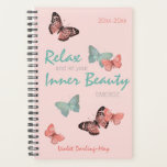 Pretty Butterflies & Positivity Quote - Coral Teal Planner<br><div class="desc">Personalize this pretty planner with your name and either the year or academic years. This feminine design features butterflies and positive wording in script typography. The yogi wisdom reads "Relax and let your inner beauty emerge". It has a palette of pale coral pink, coral and teal green/blue. Please browse our...</div>