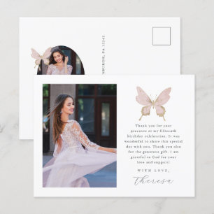 Pretty Butterfly Blush Photo Quinceanera Thank You Postcard