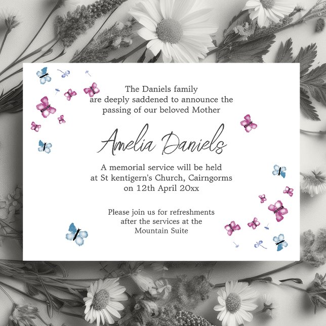 Pretty Butterfly Funeral Announcement Card (Creator Uploaded)