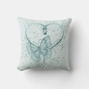 Pretty Butterfly, Heart and Paint Splatter in Teal Throw Pillow