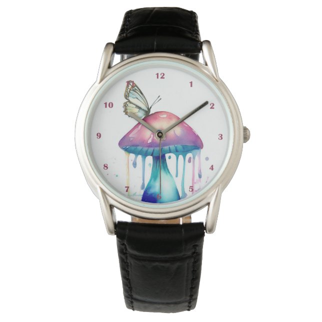 Pretty Butterfly Mushroom Rainbow Watercolor Art Watch (Front)