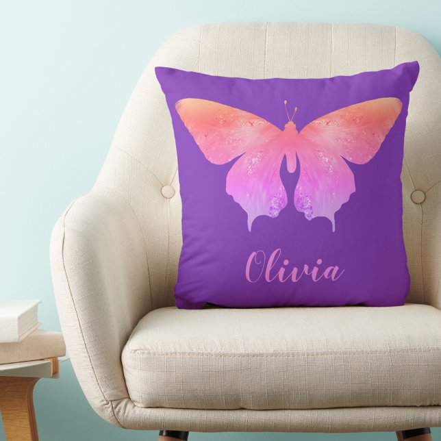 Pretty butterfly pattern add name throw pillow (Pretty butterfly pattern custom name purple and pink pillow stylish typography girly cushion )