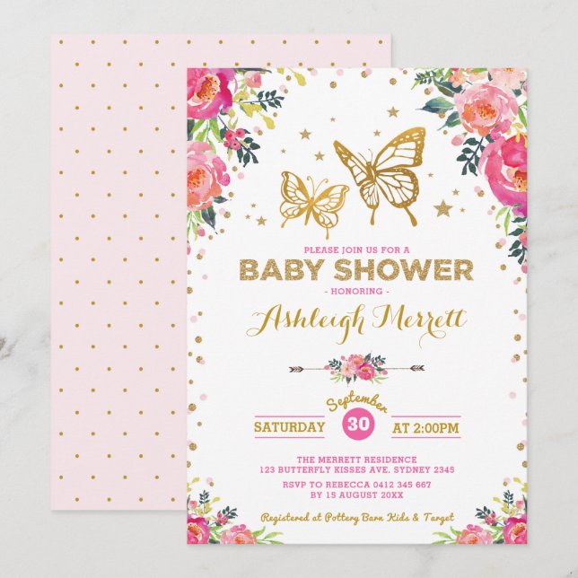 Pretty Butterfly Watercolor Floral Baby Shower Invitation (Front/Back)