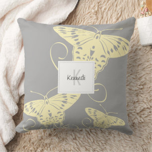 Pretty Butterfly Yellow On Grey Pattern Throw Pillow