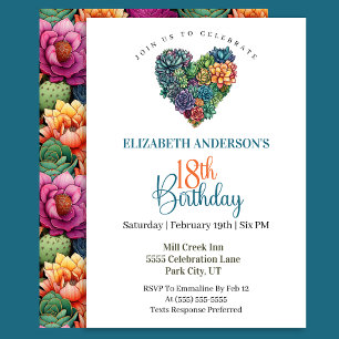 Pretty Cactus Heart 18th Birthday Invitation