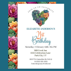 Pretty Cactus Heart 21st Birthday Invitation