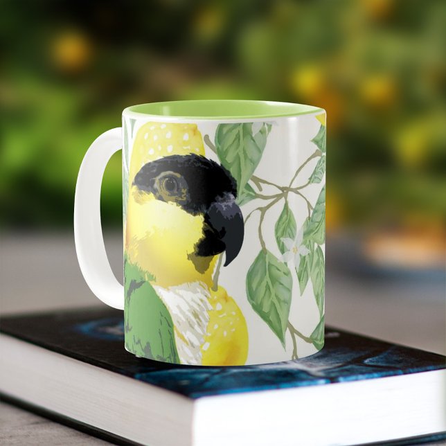 Pretty Caique Parrot & Fresh Spring Lemon Pet Bird Two-Tone Coffee Mug (Creator Uploaded)