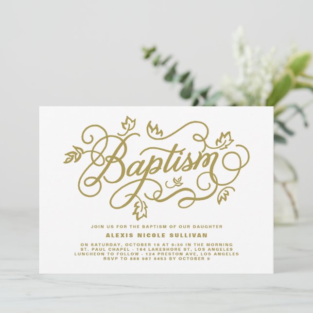 Pretty Calligraphy Script | Gold Baptism Invitation (Standing Front)