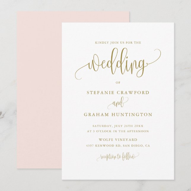Pretty Calligraphy Script Gold Wedding Invitation (Front/Back)