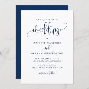 Pretty Calligraphy Script Navy Blue Wedding Invitation