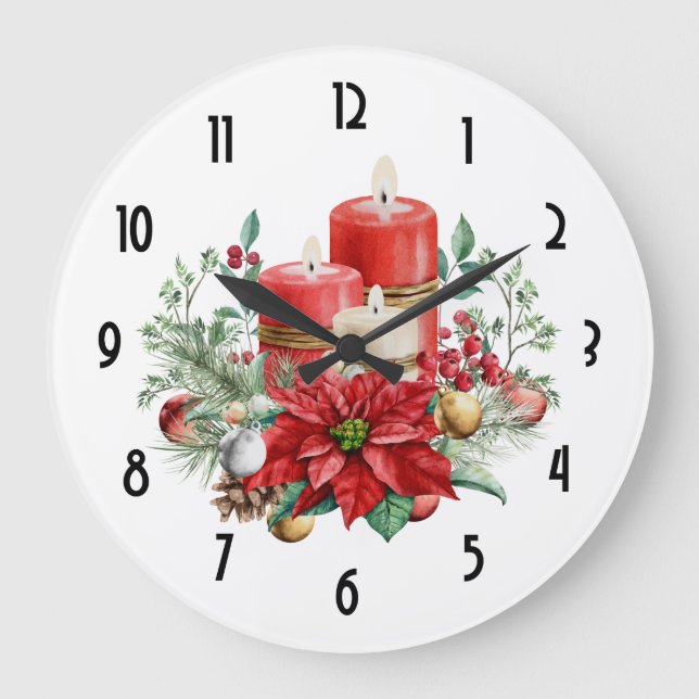 Pretty Candles and Poinsettia Bouquet Christmas Large Clock (Front)