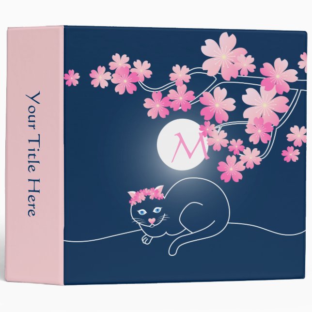 Pretty Cat Cherry Blossoms Moon Pink Sakura Blue Binder (Front/Spine)