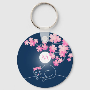 Pretty Cat Cherry Blossoms Moon Pink Sakura Blue Keychain