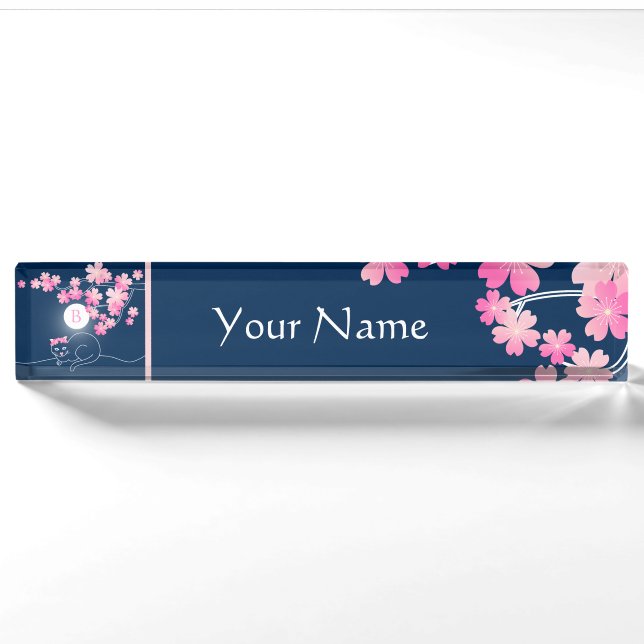 Pretty Cat Cherry Blossoms Moon Pink Sakura Blue Nameplate (Front)