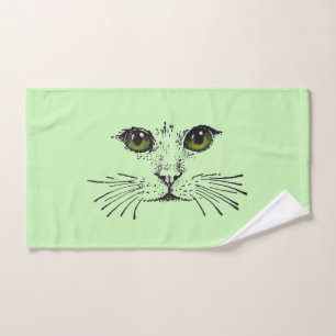 Pretty Cat Face Black Drawing Green eyes Hand Towel