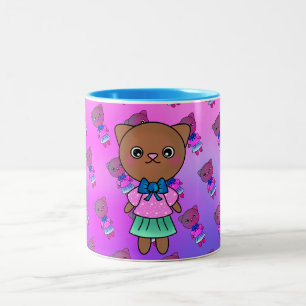 Pretty Cat in Adorable Heart Dress & Pastel Pinks Two-Tone Coffee Mug