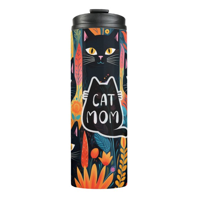 Pretty Cat Mom With Flowers Thermal Tumbler (Front)