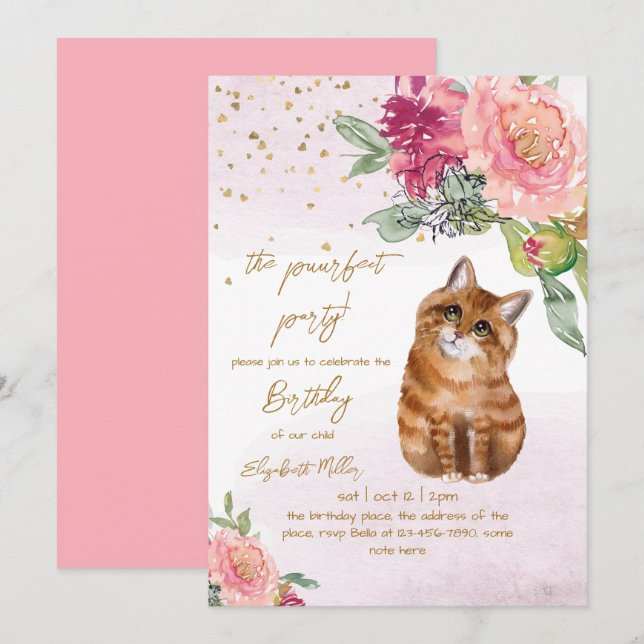 Pretty Cat Perfect Pawty (Party) Girl 2nd Birthday Invitation (Front/Back)