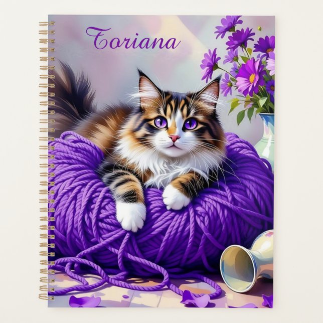 Pretty Cat with Purple Flowers and Yarn   (Devant)