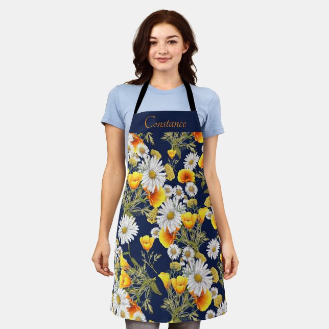 Pretty Chamomile & Poppies Pattern Personalized Apron (Worn)