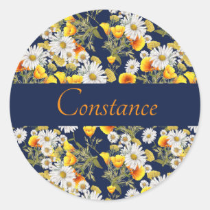 Pretty Chamomile & Poppies Pattern Personalized  Classic Round Sticker