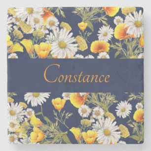 Pretty Chamomile & Poppies Pattern Personalized Stone Coaster