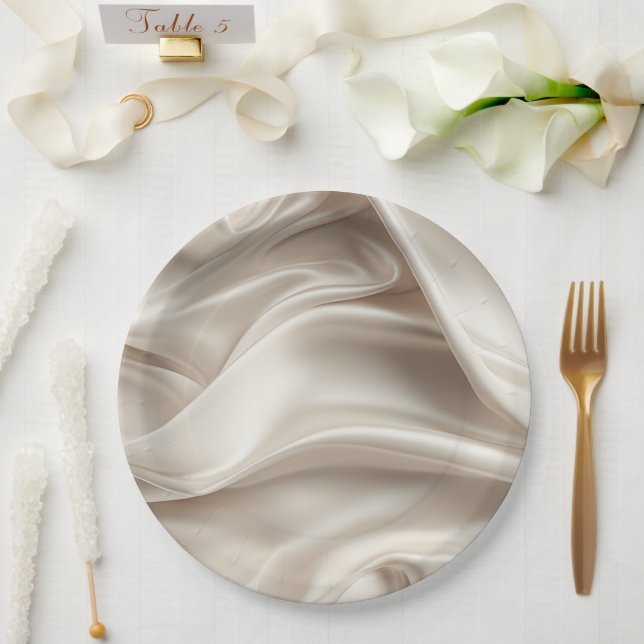Pretty Champagne Gold Romantic Faux Satin Wedding Paper Plate (Wedding)