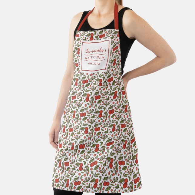 Pretty Cherry Berries Pattern Modern Red Apron (Insitu)