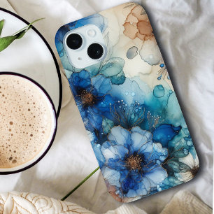 Pretty Cherry Blossom Blue and Gold Watercolor iPhone 15 Case