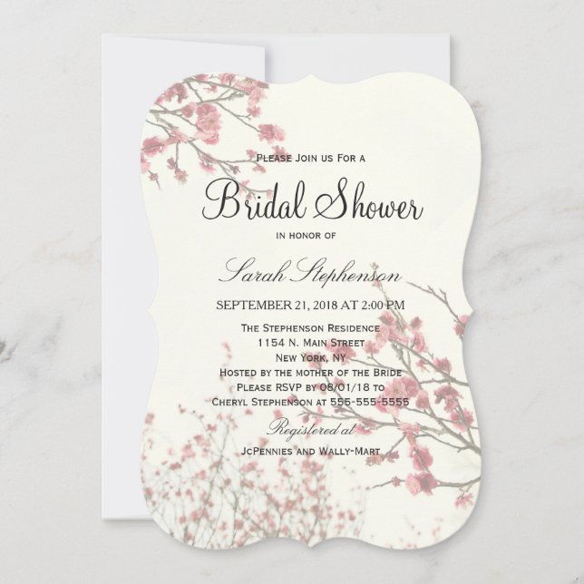 Pretty Cherry Blossom Trees on Elegant White Invitation (Front)