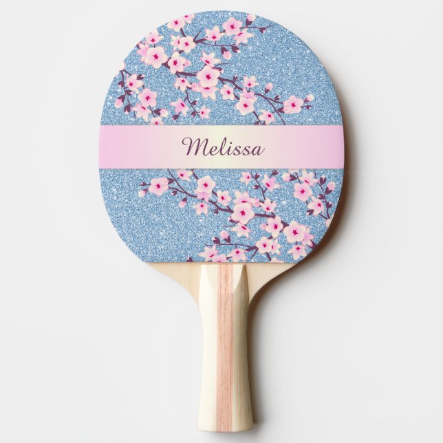 Pretty Cherry Blossoms Blue Glitter Monogram Ping Pong Paddle (Back)