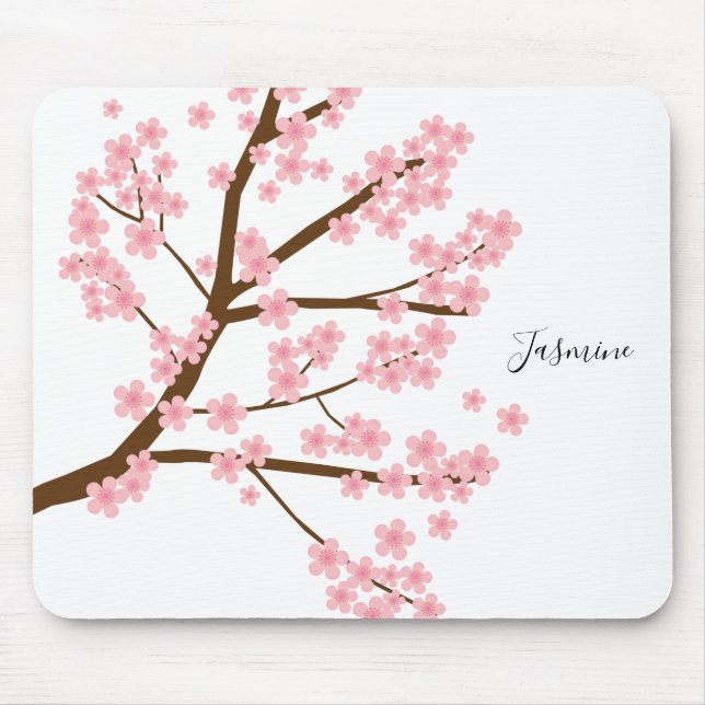 Pretty Cherry Blossoms Custom Name Lettering Cute Mouse Pad (Front)