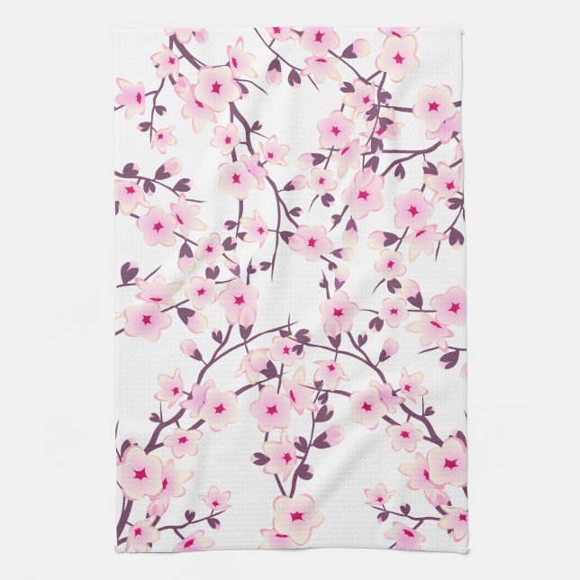 Pretty Cherry Blossoms Nature Pink White Kitchen Towel (Vertical)