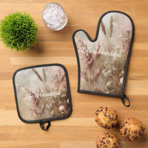 Pretty Chic Beige Blush Boho Floral  Oven Mitt & Pot Holder Set