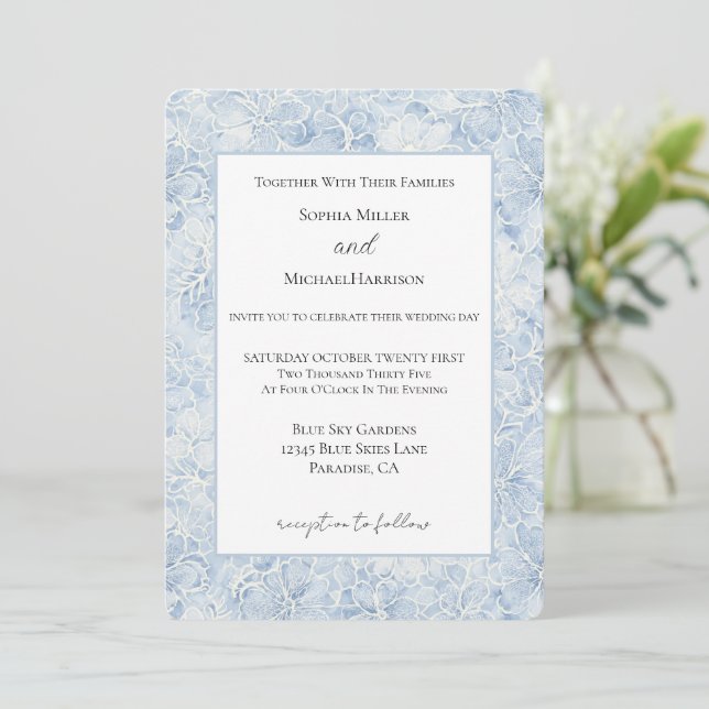 Pretty Chic Blue White Flowers Wedding Invitation (Standing Front)