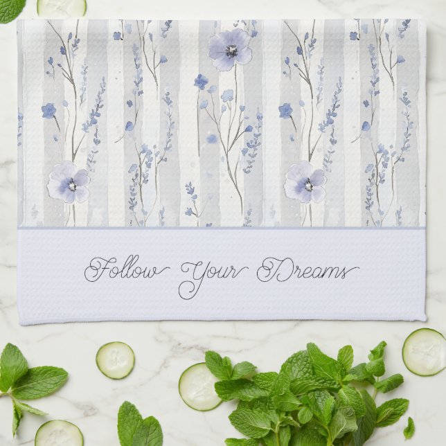 Pretty Chic Lavender Floral Stripes  Kitchen Towel (Folded)