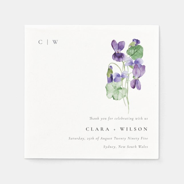 Pretty Chic Monogram Violet Floral Bunch Wedding Napkin (Front)