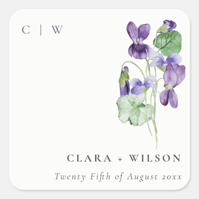 Pretty Chic Monogram Violet Floral Bunch Wedding Square Sticker (Front)