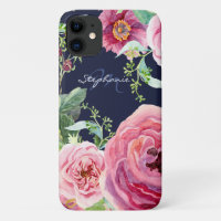 Pretty Chic Navy Blue Pink Peony Floral Watercolor