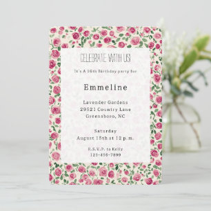 Pretty Chic Pink Roses Floral Birthday Invitation