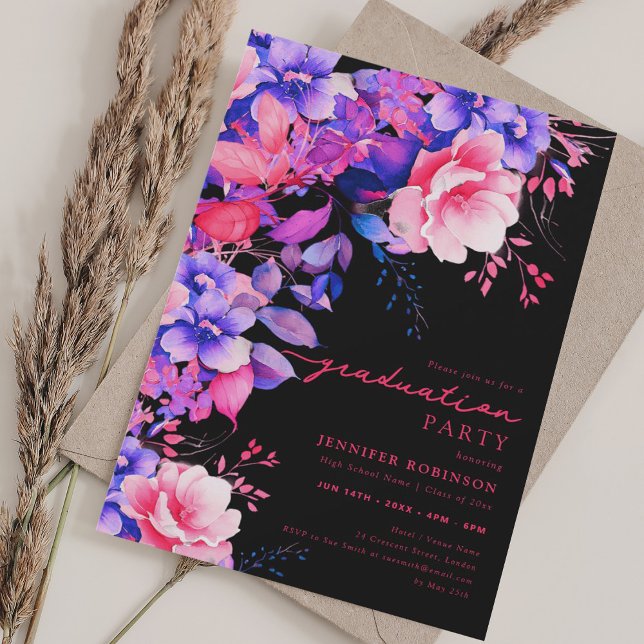 Pretty Chic Purple Garden Floral Graduation Black Invitation (Pretty Chic Purple Garden Floral Graduation Black Invitation)