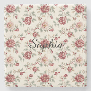 Pretty Chic Red Cream Floral Stone Coaster