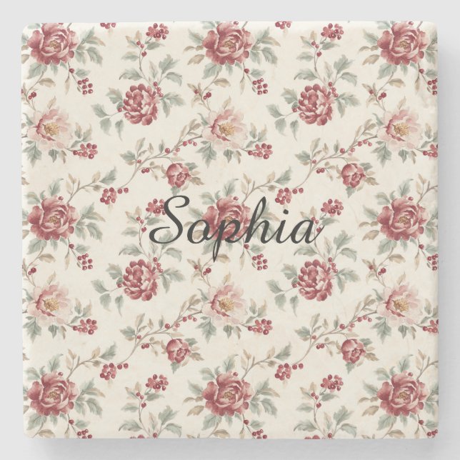 Pretty Chic Red Cream Floral   Stone Coaster (Front)